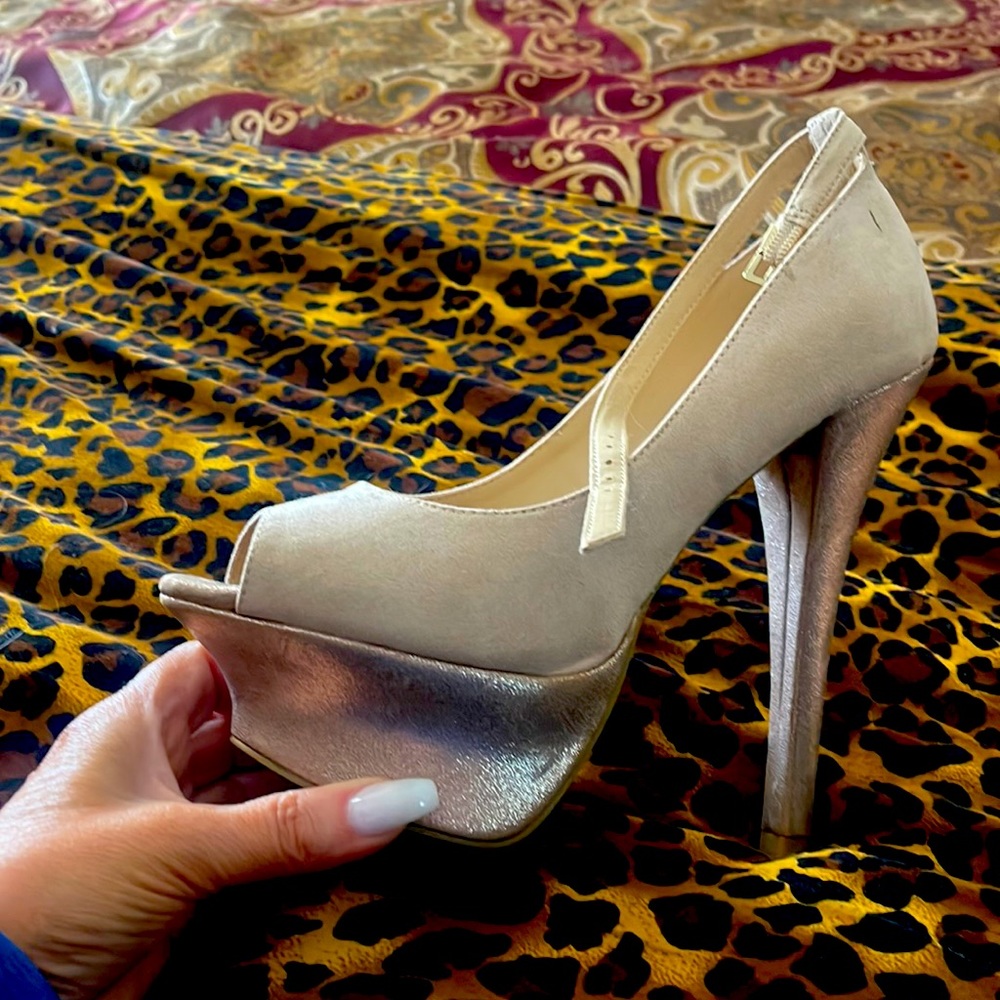 Sexy taupe and metallic sky high shoes size 8.5
